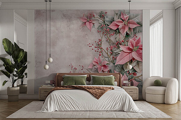 Fotomurales Flores y bayas rosas sobre una superficie blanca