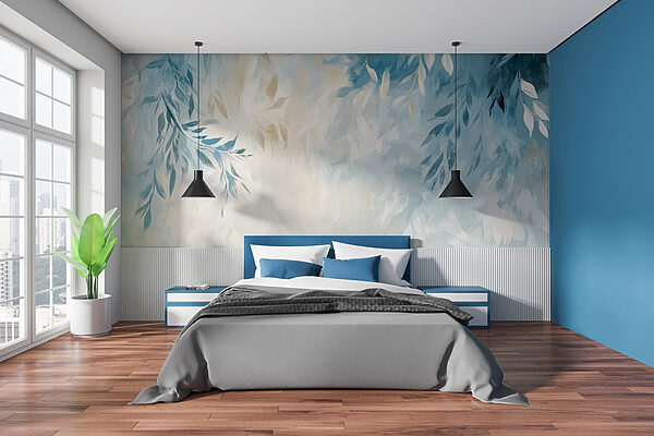 Fondo azul y blanco con hojas Fotomurales Fondo azul y blanco con hojas