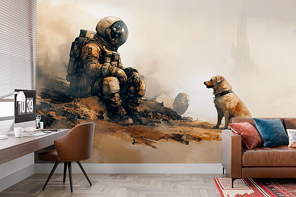 Un astronauta sentado en una roca mirando a un perro Fotomurales Un astronauta sentado en una roca mirando a un perro