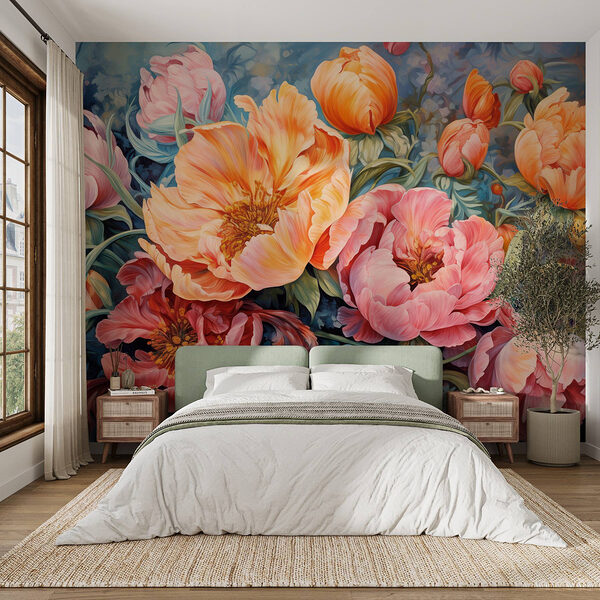 Pintura de flores sobre fondo azul Fotomurales Pintura de flores sobre fondo azul