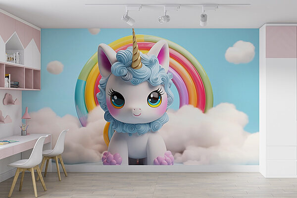Unicornio de juguete con un arco iris de fondo Fotomurales Unicornio de juguete con un arco iris de fondo