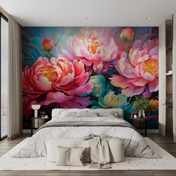 Pintura de flores sobre fondo azul Fotomurales Pintura de flores sobre fondo azul
