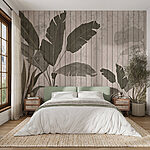 Fotomurales Pared de madera con hojas y plantas