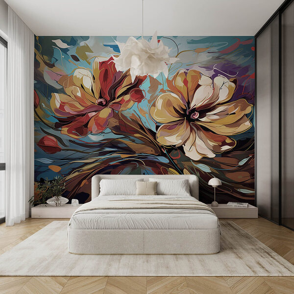 Pintura de flores sobre fondo azul Fotomurales Pintura de flores sobre fondo azul