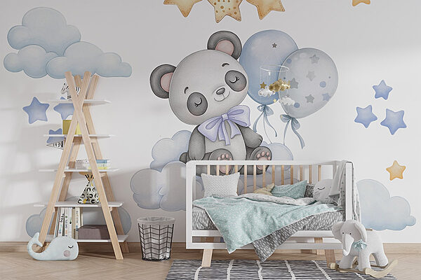 Panda de dibujos animados sentado en una nube con globos Fotomurales Panda de dibujos animados sentado en una nube con globos