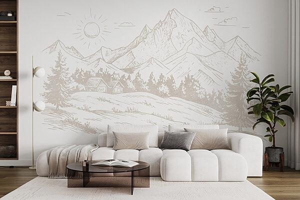 Dibujo de un paisaje con montañas y árboles Fotomurales Dibujo de un paisaje con montañas y árboles