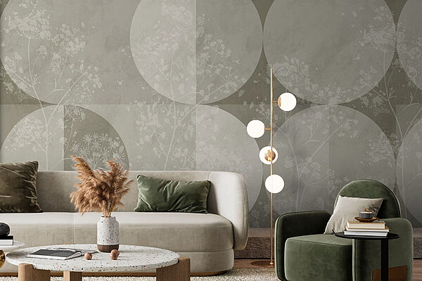 Fondo gris y blanco con círculos y flores Fotomurales Fondo gris y blanco con círculos y flores