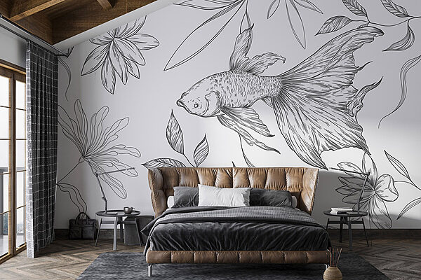 Dibujo en blanco y negro de un pez y plantas Fotomurales Dibujo en blanco y negro de un pez y plantas