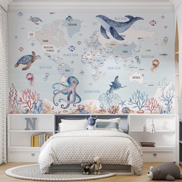 Fotomurales Mapa del mundo con animales marinos