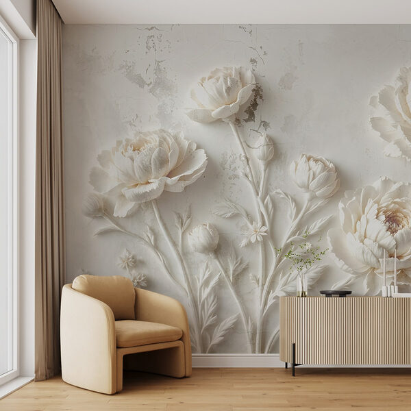 Tallado de flores blancas en una pared Fotomurales Tallado de flores blancas en una pared
