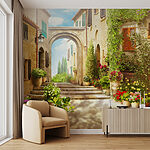 Fotomurales Encantadora calle con flores vibrantes