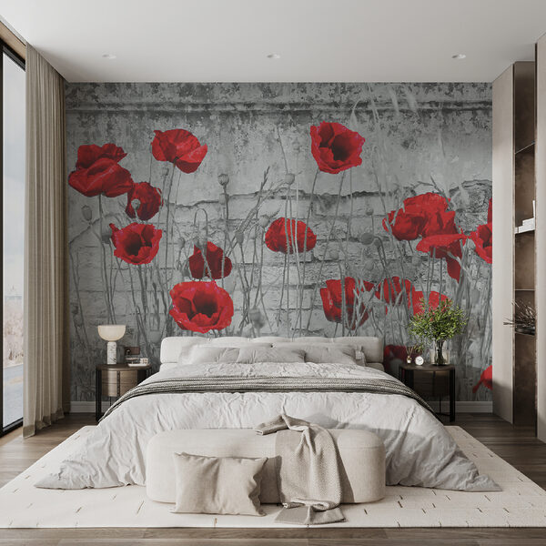 Fotomurales Fotomurales Amapolas rojas contra una pared con textura (SKU: u40552)