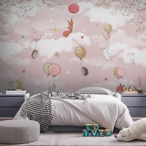 Fotomurales Animales flotando con globos de colores
