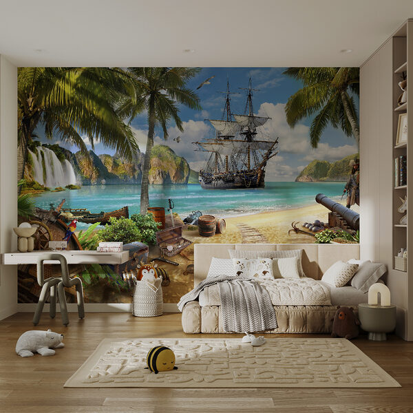 Fotomurales Fotomurales Barco pirata anclado en un paraíso tropical (SKU: u62419)