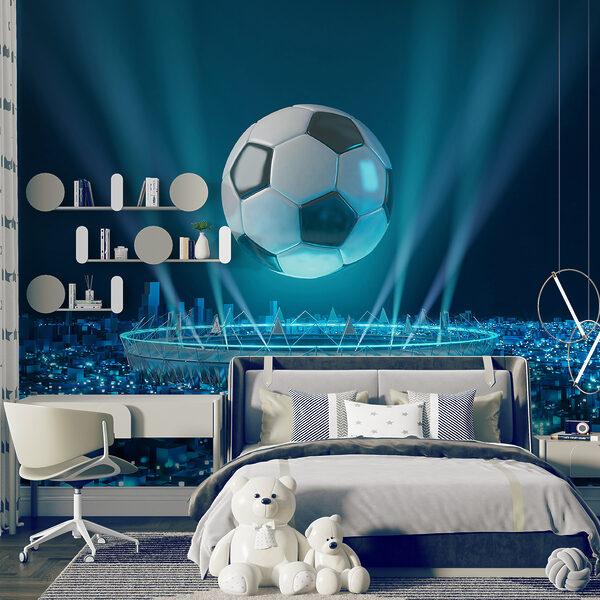 Fotomurales Balón de fútbol flotando sobre ciudad iluminada