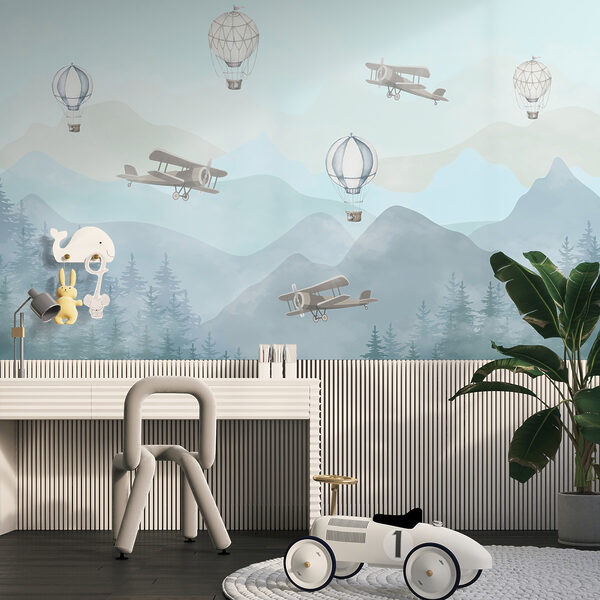 Fotomurales Aviones y globos sobre montañas neblinosas