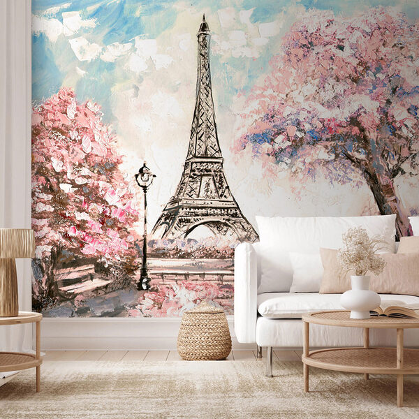 Fotomurales Romanticismo parisino bajo los cerezos en flor