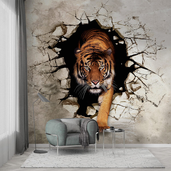 Fotomurales Tigre emergiendo a través de una pared agrietada