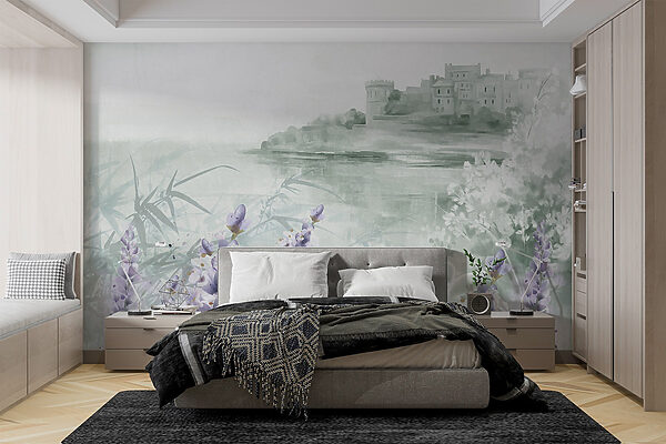 Pintura en acuarela de un castillo y flores Fotomurales Pintura en acuarela de un castillo y flores
