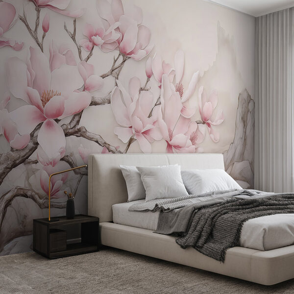 Pintura de un árbol con flores rosas Fotomurales Pintura de un árbol con flores rosas