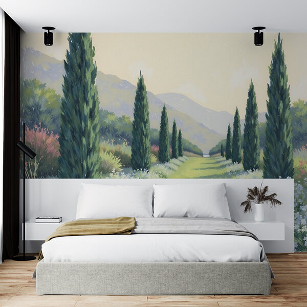 Pintura de un paisaje con árboles y flores Fotomurales Pintura de un paisaje con árboles y flores