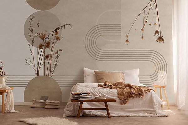 Fondo marrón y blanco con círculos marrones y blancos y plantas Fotomurales Fondo marrón y blanco con círculos marrones y blancos y plantas