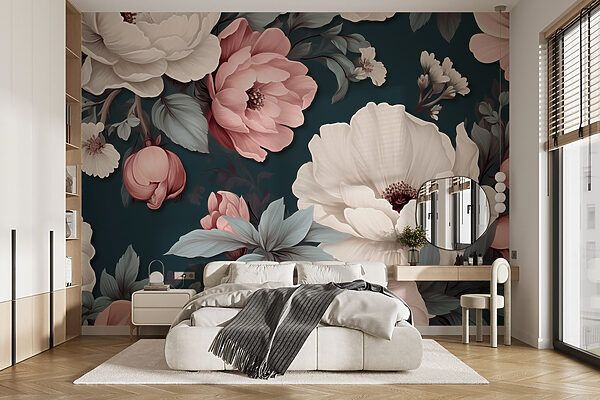 Motivo floral con flores blancas y rosas Fotomurales Motivo floral con flores blancas y rosas
