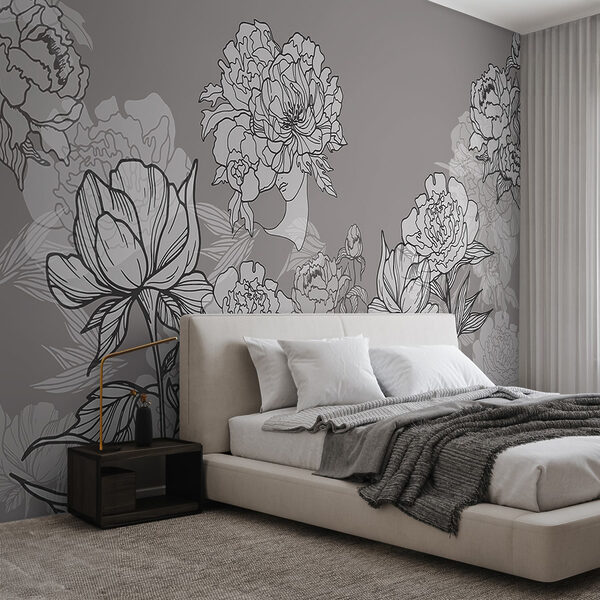 Línea de flores sobre fondo gris Fotomurales Línea de flores sobre fondo gris