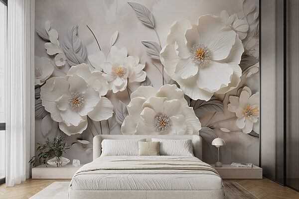 Flores blancas en una pared Fotomurales Flores blancas en una pared