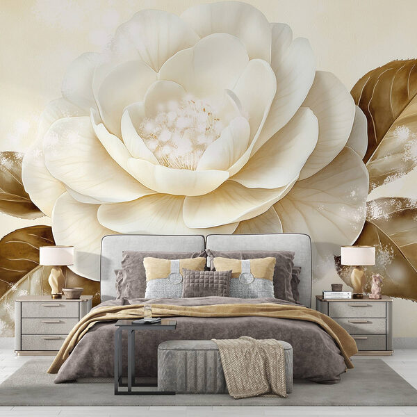 Flor blanca con hojas marrones Fotomurales Flor blanca con hojas marrones