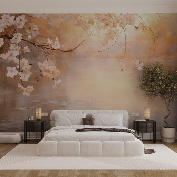 Pintura de una rama de árbol con flores Fotomurales Pintura de una rama de árbol con flores