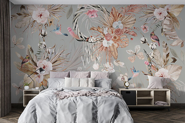 Papel pintado con flores y plumas Fotomurales Papel pintado con flores y plumas