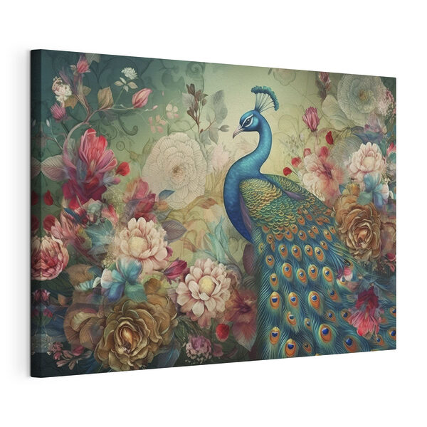 Cuadros Un elegante pavo real entre flores de vivos colores