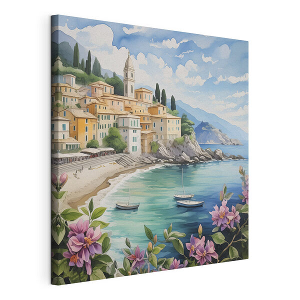 Cuadros Cuadros Cuadro de un pueblo junto a la playa con barcos y flores (SKU: s39299)