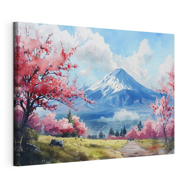 Cuadros Montaña con flores rosas