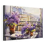 Cuadros Pintura en acuarela de un balcón con flores moradas