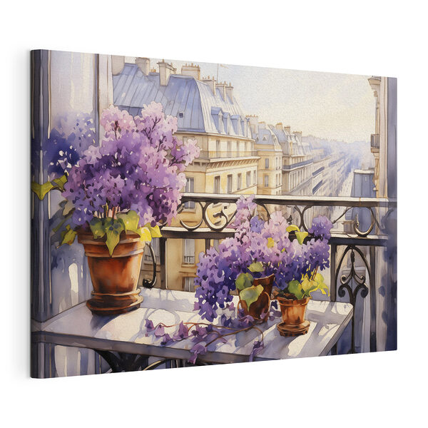 Cuadros Pintura en acuarela de un balcón con flores moradas