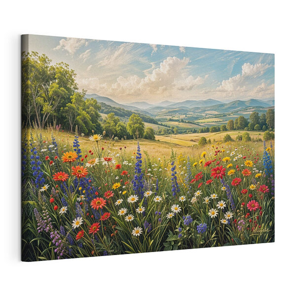 Campo de flores con montañas al fondo