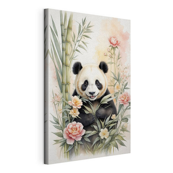 Cuadros Oso panda con flores y bambú