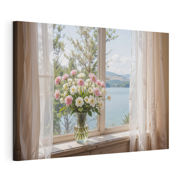 Cuadros Jarrón con flores delante de una ventana