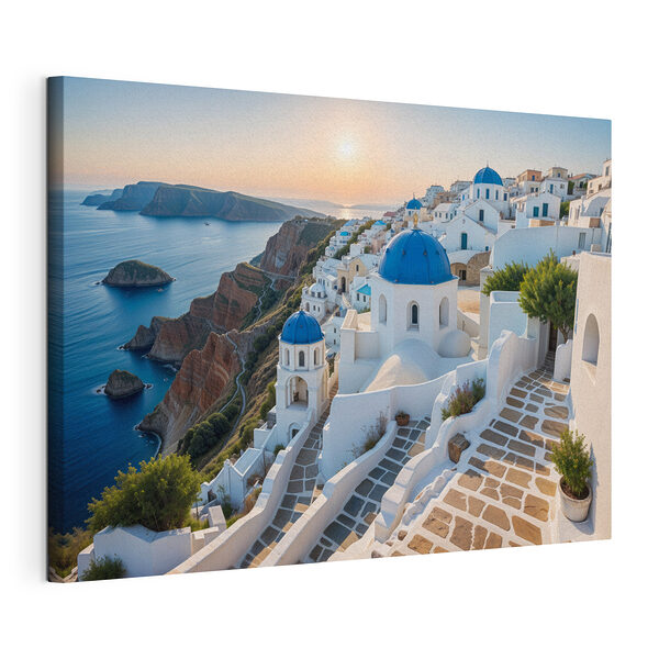 Cuadros Cuadros Edificios blancos con cúpulas azules situados en una colina, con un cuerpo de agua al fondo (SKU: s40160)