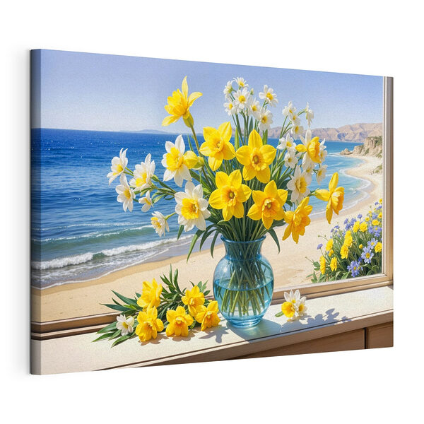 Cuadros Jarrón con flores amarillas y blancas en el alféizar de una ventana