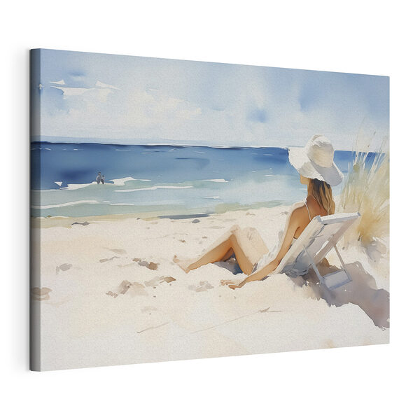 Cuadros Cuadros Una mujer sentada en una silla en la playa (SKU: s40679)
