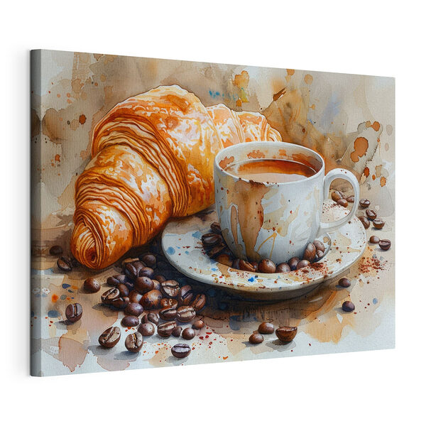 Cuadros Acuarela de una taza de café y un croissant