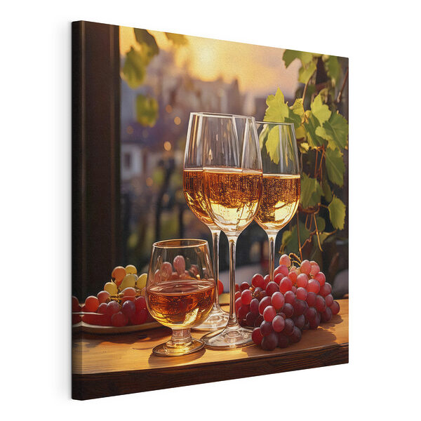 Conjunto de copas de vino y uvas sobre una mesa Cuadros Conjunto de copas de vino y uvas sobre una mesa