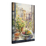 Cuadros Acuarela de una mesa con comida y flores frente a una ventana