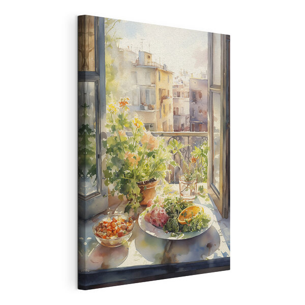 Cuadros Acuarela de una mesa con comida y flores frente a una ventana