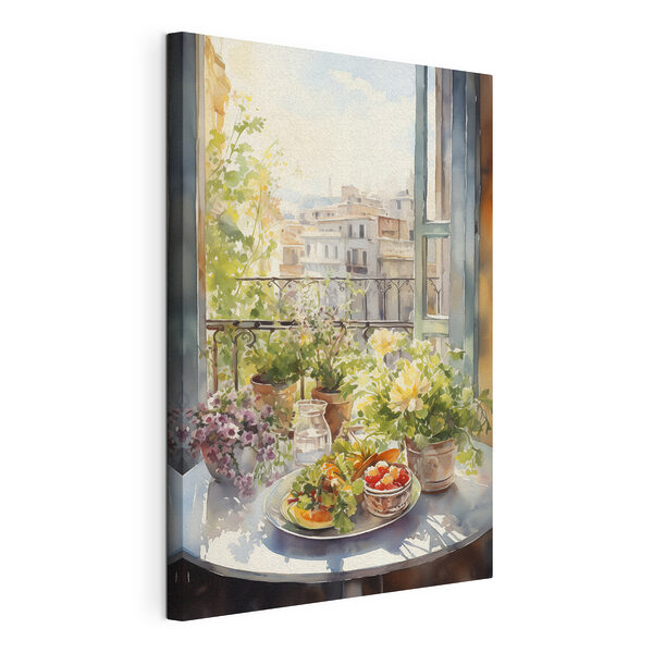 Cuadros Acuarela de flores y frutas sobre una mesa frente a una ventana
