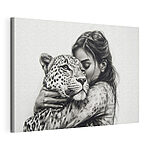Cuadros Dibujo de una mujer abrazando a un leopardo