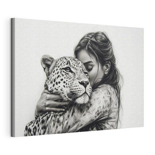 Cuadros Dibujo de una mujer abrazando a un leopardo